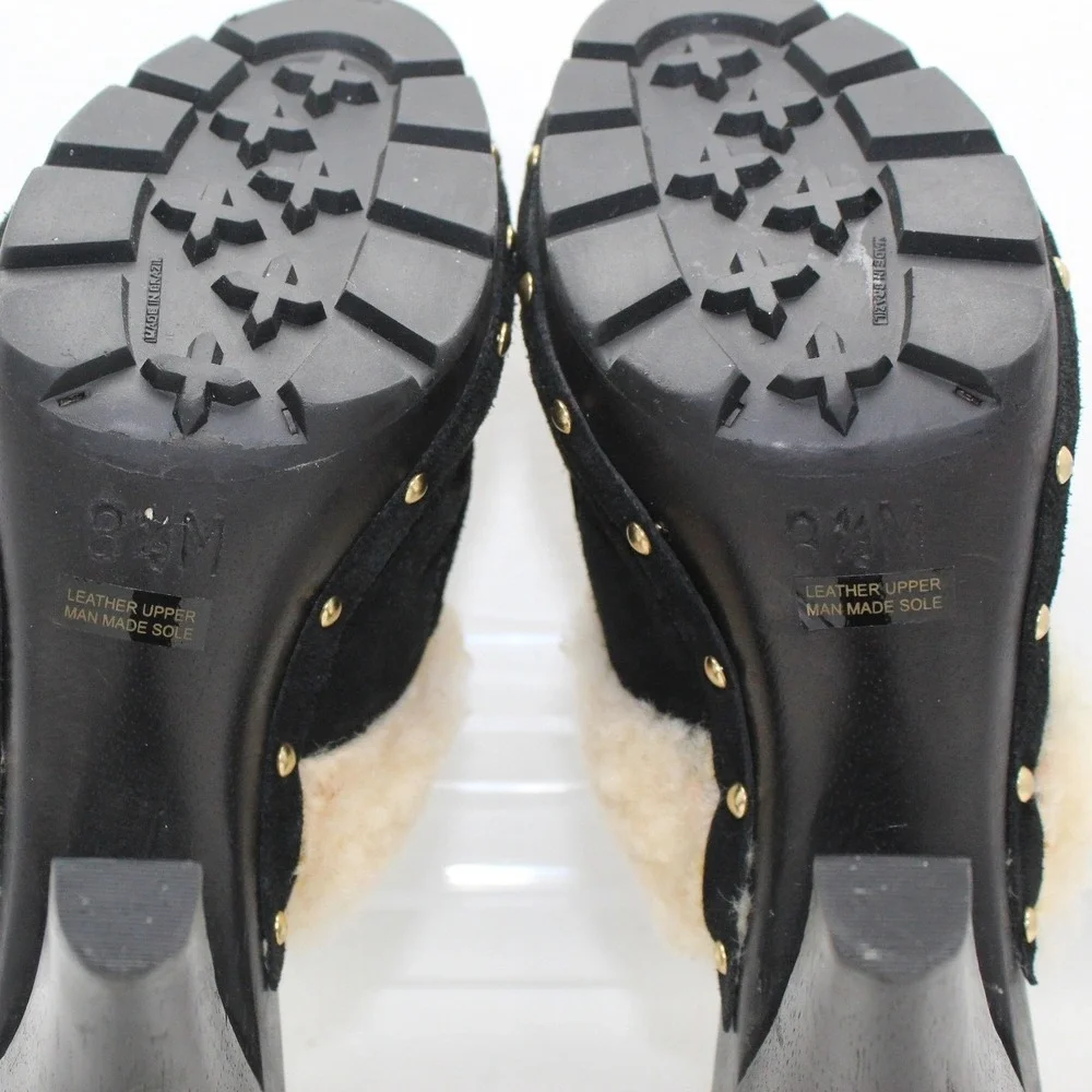 Michael Kors Black Suede‎ Shearling Trim Studded Platform Clogs Heels 8.5M NWOB